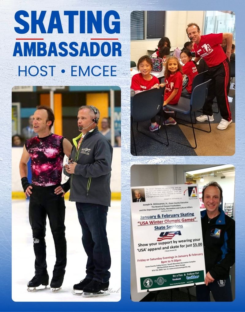 David Lipowitz is in several photos as an emcee at figure skating events